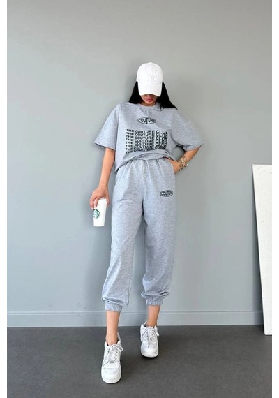 Couture Club T-shirt Eşofman Altı Jogger- Gri Baskılı Alt Üst Eşofman Takım Oversize Bisiklet Yaka Koyu Gri
