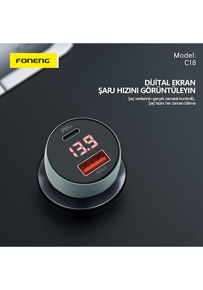 Foneng C18 48W 1xUsb 1xType-C Giriş Dijital Göstergeli Araç içi Çakmaklık Şarj Aleti