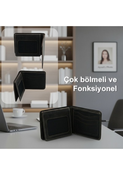 %100 Hakiki Deri El Yapımı Erkek Cüzdanı Minimalist Tasarım Kartlık Siyah