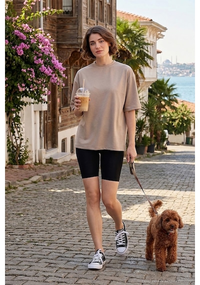 Lela Streç Oversize Fit Bisiklet Yaka Bayan T Shirt 5865911 Taş