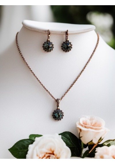 Black Diamond Kristal Taşlı Güneş Figür Kolye Ve Küpe Seti Gri