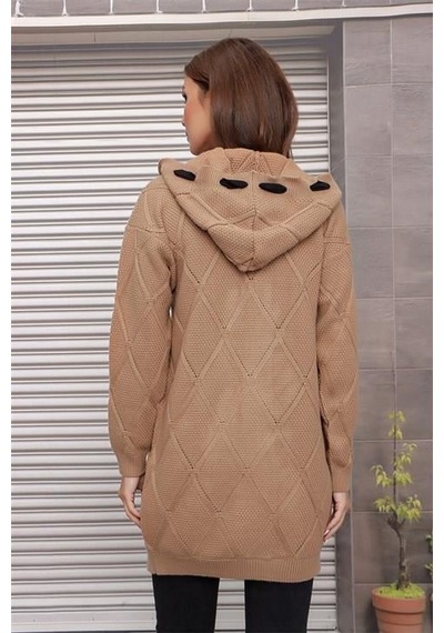 Aqe Fashion Kapüşonlu Kabartma Desenli Şerit Garnili Camel Hırka CAMEL Camel