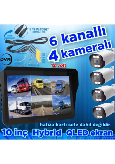4 Adet Ahd 2 Mp Beyaz Warm Ledli Kamera 10'' Qled 6 Kanallı Monitör Seti 12 V 256 Gb