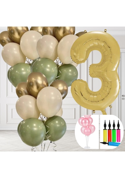3 Yaş Balon Standlı Ve Pompalı Retro Küf Yeşili Krom Gold Kum Beji Balon Seti Gold Rakam Süsleme Çok Renkli