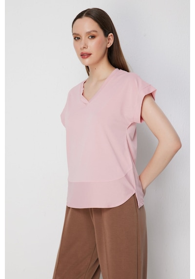 On Kadın V Yaka Parçalı T-shirt 71475 Pudra