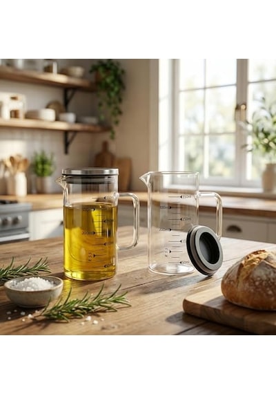 2'li Set Paslanmaz Çelik Kapaklı Borosilikat Cam Yağdanlık Ve Ölçü Kabı - 350ml - Isıya Dayanıklı Damlatmaz Sosluk, Sütlük Ve Mutfak Hazırlık Sürahisi - Şeffaf Modern Tasarım