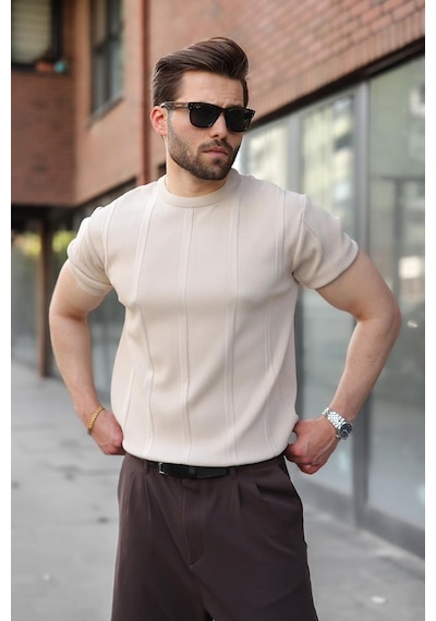 Madmext Taş Rengi Regular Fit Bisiklet Yaka Fitilli Triko Erkek Tişört E7490 Madmext Taş Rengi Regular Fit Bisiklet Yaka Fitilli Triko Erkek Tişört E7490