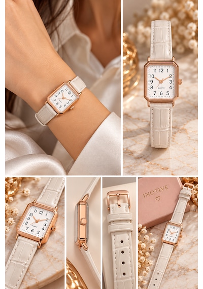Kadın Kol Saati Rose Gold Kasa, Deri Kordon Beyaz