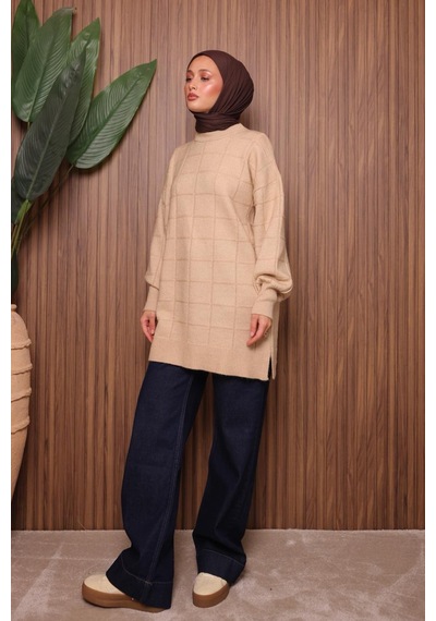 Balenbi Kare Dokulu Oversize Yumoş Tesettür Triko Tunik 7012 Bej