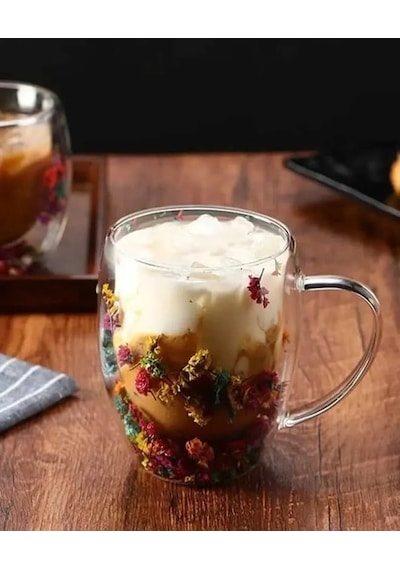 Çift Cidarlı Borosilikat Cam, Renkli Kuru Çiçek Tasarımlı, 350 Ml Kapasiteli, Kulplu, Şeffaf Kahve Kupası Aeropress