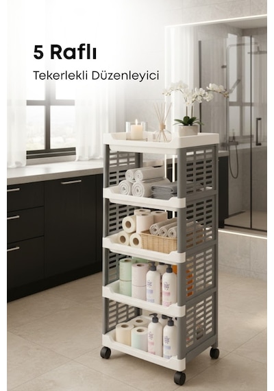 Grimorlife 5 Raflı Banyo Düzenleyici Mutfak Rafı Banyo Dolabı Çok Amaçlı Plastik Mutfak Düzenleyici Gri