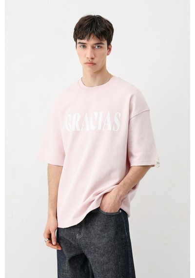 Vamos Oversize Baskılı Tişört V70-143 Pembe