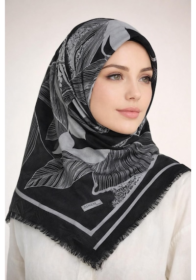 Sinem Emprime Koton Eşarp - Siyah / Gri-6291 Siyah