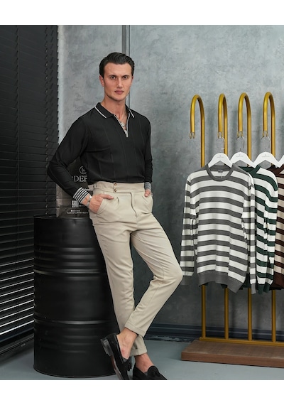 Modefendi Pamuk Likra Slim Fit Bilek Ve Yaka Çizgi Detaylı Yaka Fermuarlı Triko Kazak Siyah Modefendi Pamuk Likra Slim Fit Bilek Ve Yaka Çizgi Detaylı Yaka Fermuarlı Triko Kazak Siyah
