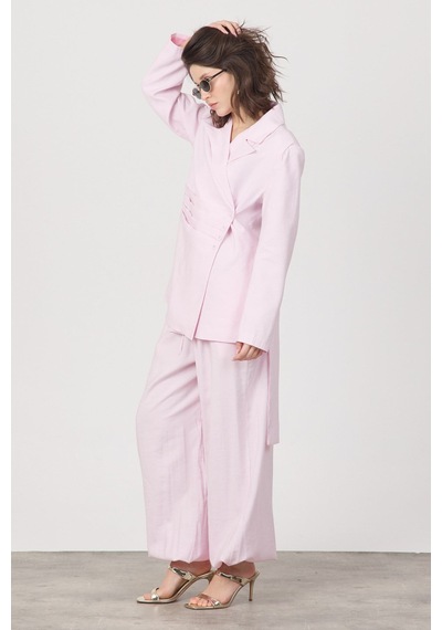 Diemmood Kadın Pile Ve Kemer Detaylı Pantolon Lastikli Pembe Oversize Takım