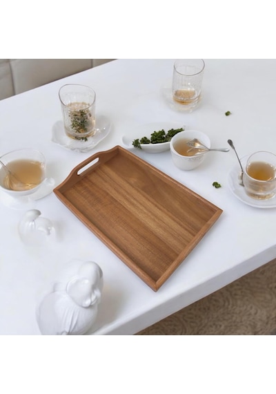 Akasya Ağacından Dikdörtgen Sunum Tepsi, Ahşap Çay, Kahve Ve Servis Tepsisi 33x22x5cm 15cm