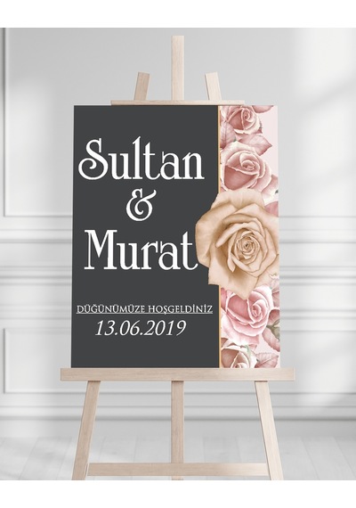 Söz Nişan Düğün İçin 50x70 Karşılama Panosu - Siyah Ve Pembe Çiçek Tasarımlı Beyaz