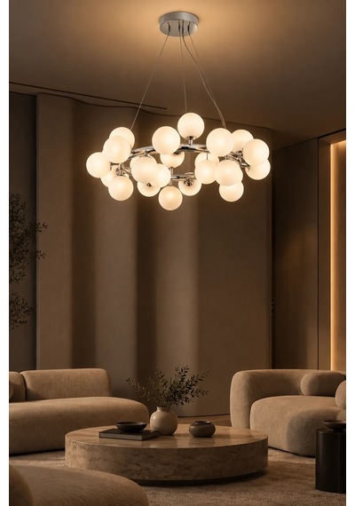 Modern Premium 25'li Sarkıt Avizesi Krom Gövde Küre Salon Mutfak Modelleri G9 Duy - Ampül Hediyeli Diğer