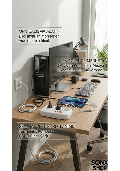 2500w Çoklu Priz 2 Metre - 3 Lü Ac Priz +5 Usb Çıkışı Akım Korumalı Alev Almayan Gövde, 3 Çıkışlı - 10 Metre - Beyaz