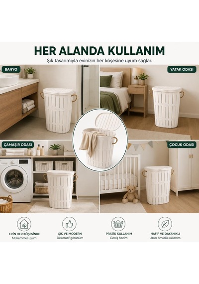 65 L Bambu Halat Kulplu Kirli Çamaşır Sepeti Kapaklı Plastik Gövde 58 X 45 X 35 Cm Havalandırmalı Çamaşır Saklama Sepeti Beyaz Çok Renkli