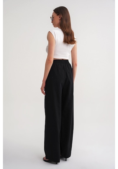 Mixray 4682 Kadın Beli Lastikli Jogger Bol Keten Pantolon Siyah