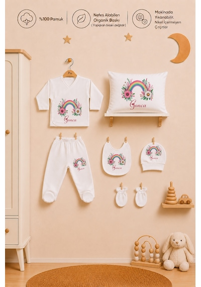 Pia Baby Kişiye Özel Kız Bebek Zıbın Seti 6 Parça %100 Pamuk Hastane Çıkışı Yastık Kılıfı 1065yz3x Ekru