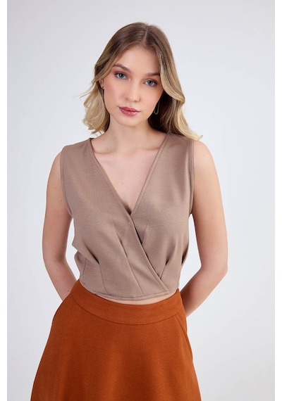 Vitrin Sıfır Kol V Yaka Crop Modal Bluz VİZON