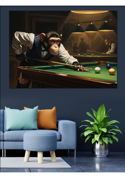 Ahşap Tablo Bilardo Oynayan Takım Elbiseli Maymun İnsan Figürlü Tablolar