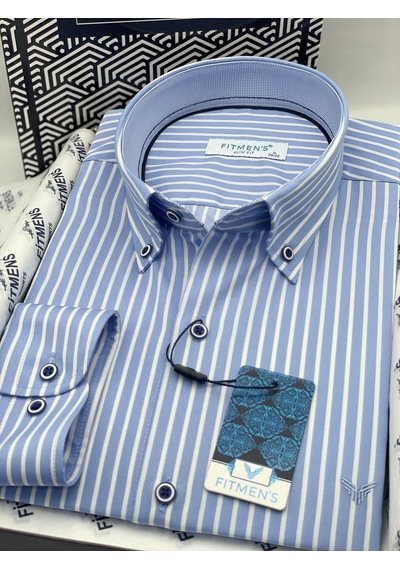 Slim Fit Uzun Kol Premium Kalın Çizgili Yaka Düğmeli Hediye Kutulu Kolay Ütülenebilir Erkek Gömlek Fs-001375 - Açık Mavi-1495 Açik Mavi