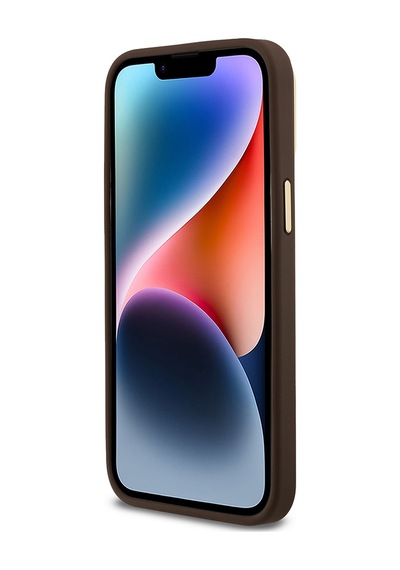 Apple Uyumlu iPhone 14 Pro Max Kılıf Guess Lisanslı Üçgen Logo 4g Desenli Kamera Standlı Kapak Kahverengi