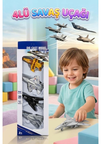 4 Parça Çek Bırak Mekanizmalı 3d 1:180 Ölçekli 9cm Detaylı Tasarımlı Oyuncak Savaş Uçağı Seti