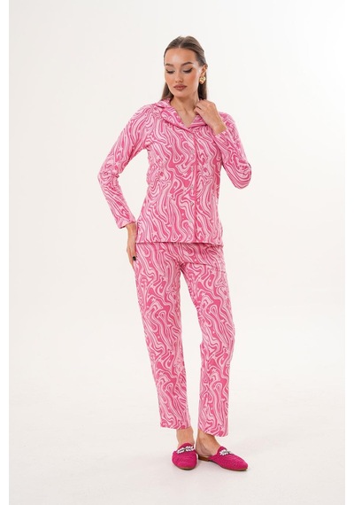 Çift Kaplan Kadın Pamuk Gömlek Yaka Önden Düğmeli Pembe Pijama Takımı 7023 Pembe