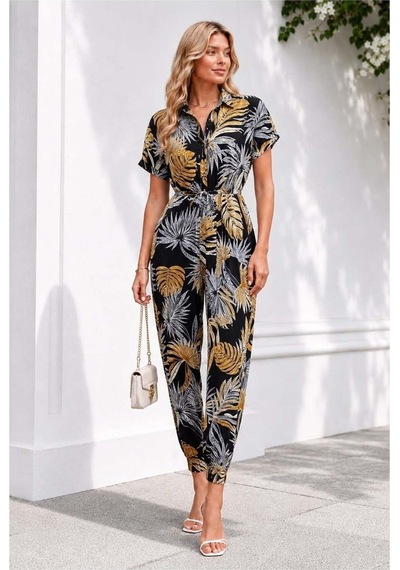 DefyModa Kadın Şık Tasarım Tül Kumaş Kısa Kollu Tulum Sarı