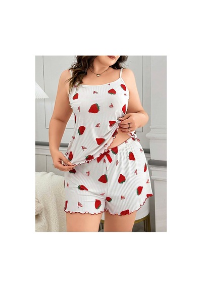 Lily Bianca Nightwear Çilek Desenli Askılı Ve Şortlu Büyük Beden Penye Gecelik Beyaz