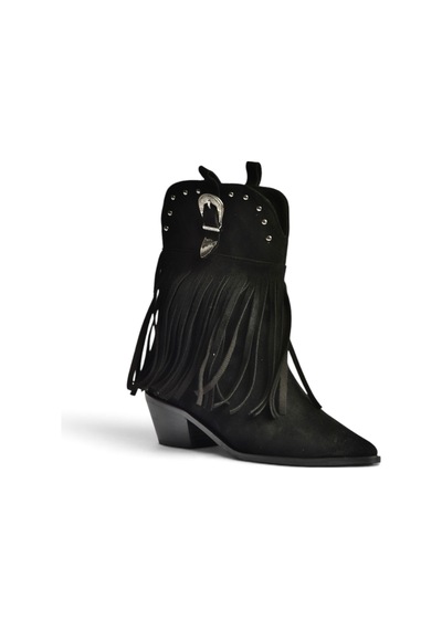 Fox Shoes Z726104202 Siyah Süet Kalın Alçak Topuklu Püsküllü Kovboy Model Kadın Bot