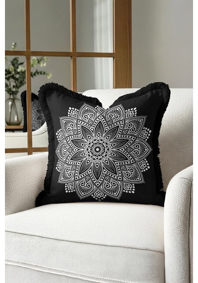 Mandala Motifli Saçaklı Yastık Kılıfı - Etnik Siyah Beyaz Bohem Püsküllü Kırlent Kılıfı Orman Limon Sarısı