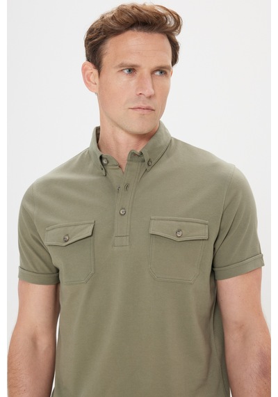 Erkek Hakı Slim Fit Dar Kesim %100 Pamuk Polo Yaka Tişört Haki