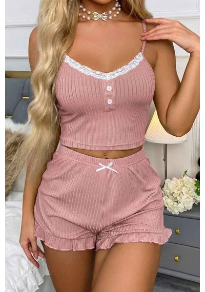 Merry See Dantelli Askılı Crop Üst Ve Fırfır Paça Mini Şortlu Pijama Takım Pembe