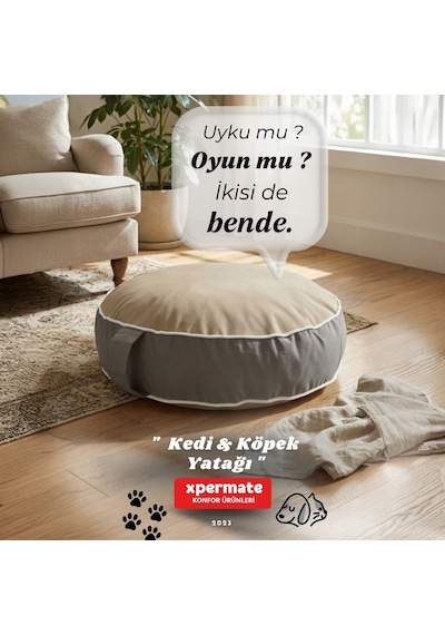 Xpermate Fermuarlı Kedi ve Köpek Minderi Yuvarlak Kedi Minderi Yıkanabilir Kedi Köpek Yatağı Bej - Gri