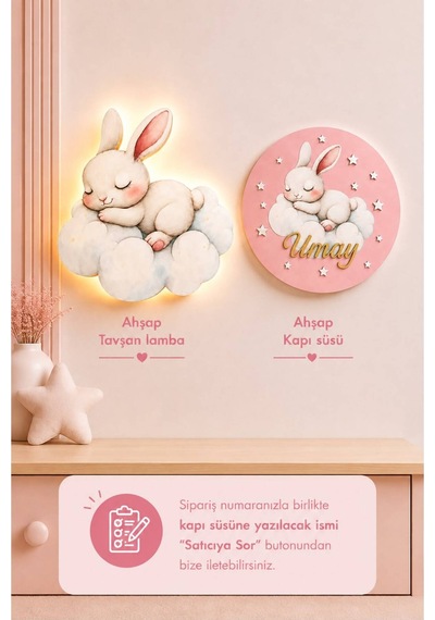 Ahşap Tavşanlı İsme Özel Pilli Ledli Gece Lambası Ve Ahşap Kapı Süsü Seti Bebek Çocuk Odası Pembe