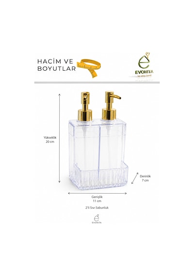 Çift Hazneli Sıvı Sabunluk Seti Süngerlikli Mutfak Banyo Şeffaf Organizer Basmalı Şık Çok Renkli