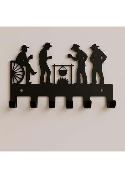 Lunoart Modern Kovboy Silüetli Metal Anahtarlık 5 Askılı Siyah Dekoratif Organizer Siyah