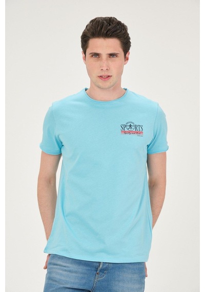 Erkek Yıkamalı Basic T-shirt Tişört %100 Pamuk Tişört Turkuaz