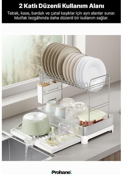 Prohane Inox Master Kd410 / Genişletilebilir 2 Katlı Bulaşıklık / 304 Paslanmaz Çelik / Su Tahliyeli Tezgah Üstü Diğer