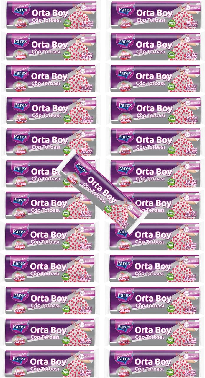 Premium Büzgülü Çöp Torbası Çilek Kokulu Orta Boy 15'li 55 X 60 Cm 25 Paket