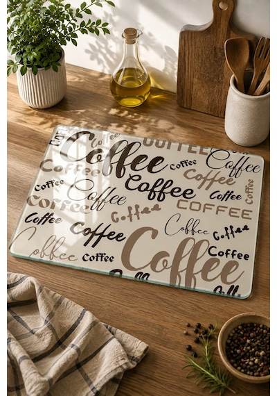 Gökçeoğlu Cam Kesme Tahtası Coffee Temalı - Cam Kesme Tablası 30cm X 40cm Çok Renkli