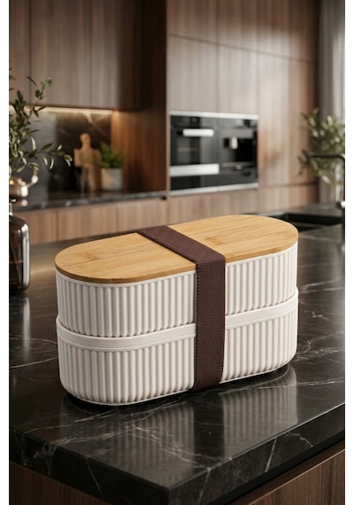 Makri Home 2'li Bambu Kapaklı Saklama Ve Beslenme Kutusu 2 Katlı, 20 X 9 X 5,5 Cm Şeffaf