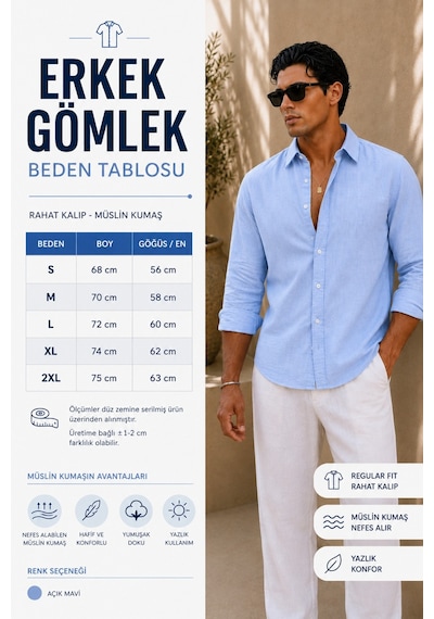 Nefes Alabilir Regular Müslin Kumaş Uzun Kol Yakalı Erkek Gömlek Bej