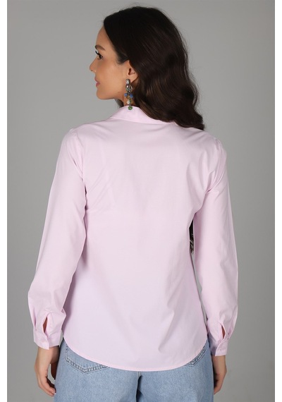 Sweetness Kadın Pembe Likralı Uzun Kol Pamuklu Klasik Gömlek Pembe