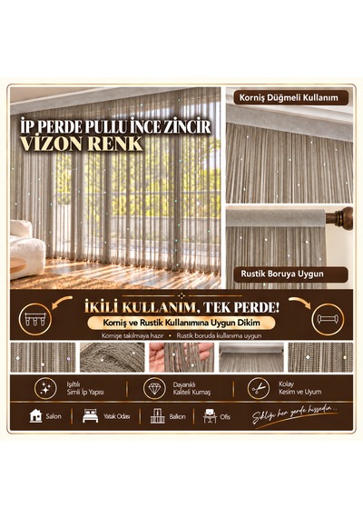 İp Perde Özel Seri İnce Zincir Pullu Vizon Renk En 100 Cm Boy 300 Cm Korniş Ve Rustik Kullanıma Müsait